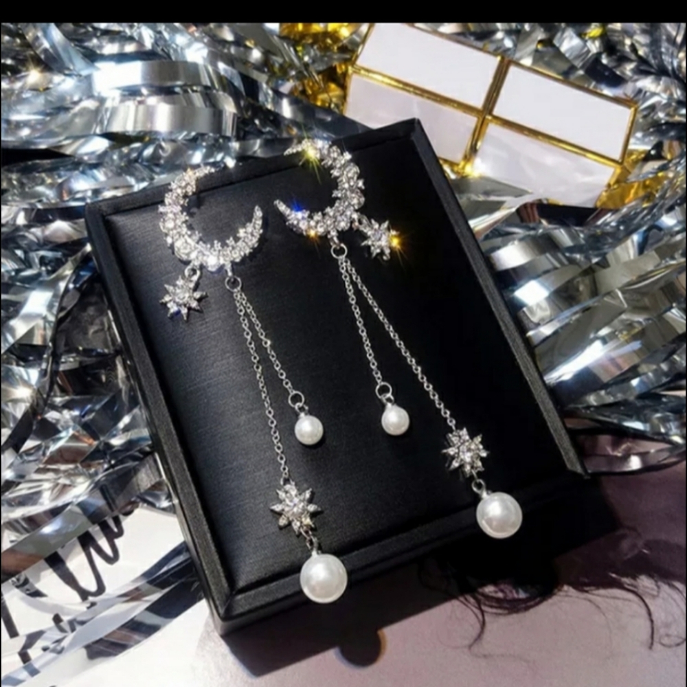 Elegant Pearl Moon & Star Long Tassel Earrings